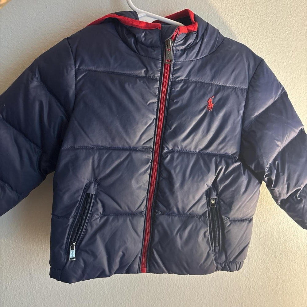 Stylish Navy Blue Kids Puffer Jacket with Red Details